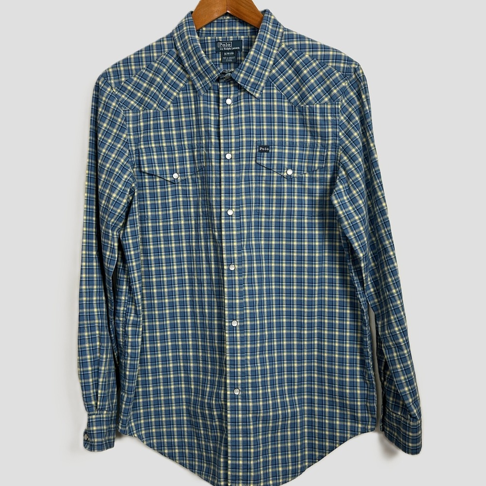Polo Ralph Lauren Western Snap‎ Shirt Mens XL Blue Yellow Plaid